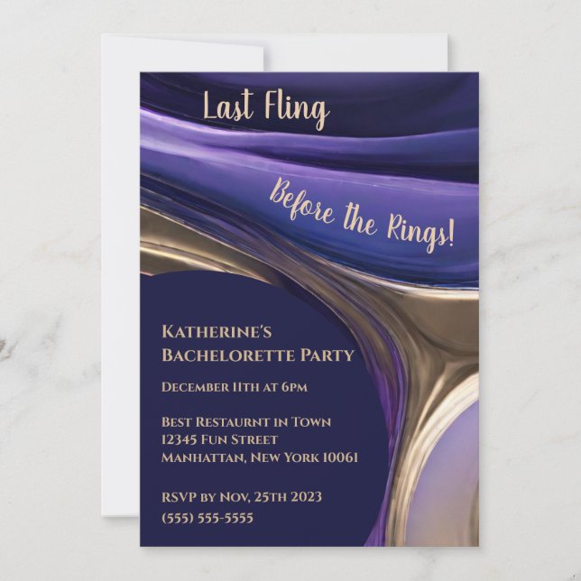 Convite Azul Abstrato de festa de solteira, Roxo e Dourado (Frente)