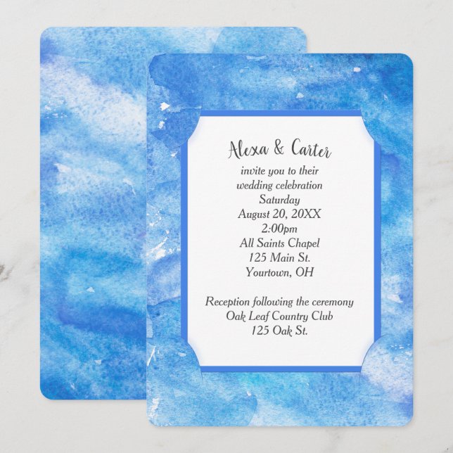 Convite Azul Água-Forte Abstrato para Casamento (Frente/Verso)