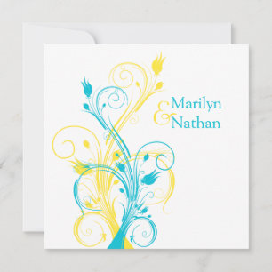 Convite Azul, Amarelo, Branco Sq.Convite de casamento