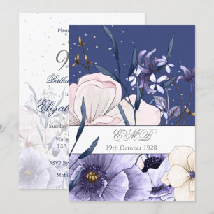 Convite Azul Aniversário de 90 anos Floral Prata Elegante