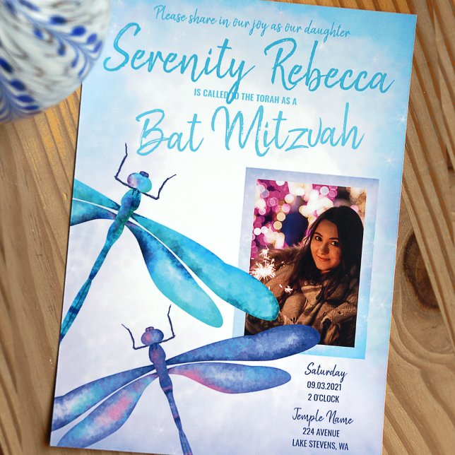 Convite Azul, Aqua Dragonfly Bat Mitzvah (Turquoise and blue whimsical dragonflies bat mitzvah invitation with photo)