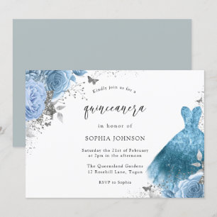 Convite Azul Aqua Silver Vestidos e Flores Quinceanera