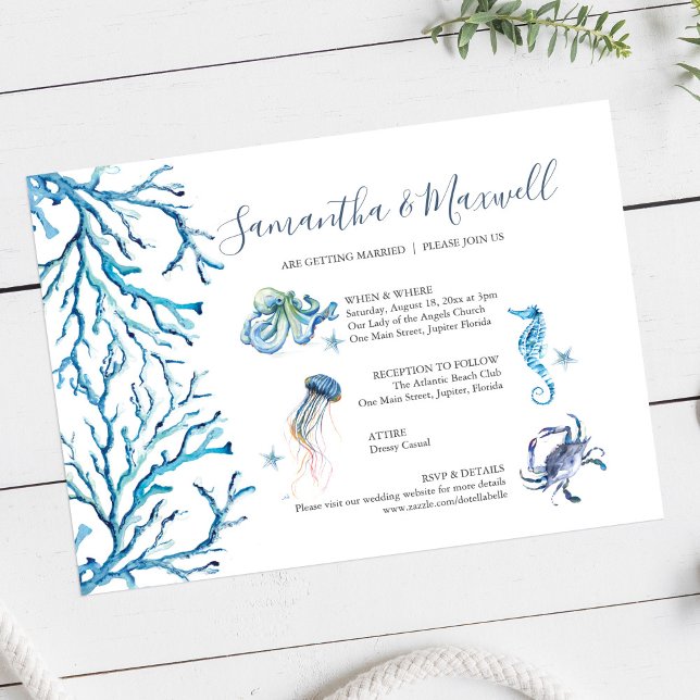 Convite Azul Aquarela De Casamento De Praia Ilustrada (Custom beach wedding invitation cards features unique watercolor art by Victoria Grigaliunas)