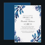 Convite Azul-aquarela Doce 16. 16.º aniversário Floral<br><div class="desc">Azul de água floral Sweet 16 aniversários. Entre em contato comigo,  por favor,  se precisar de itens adicionais.</div>