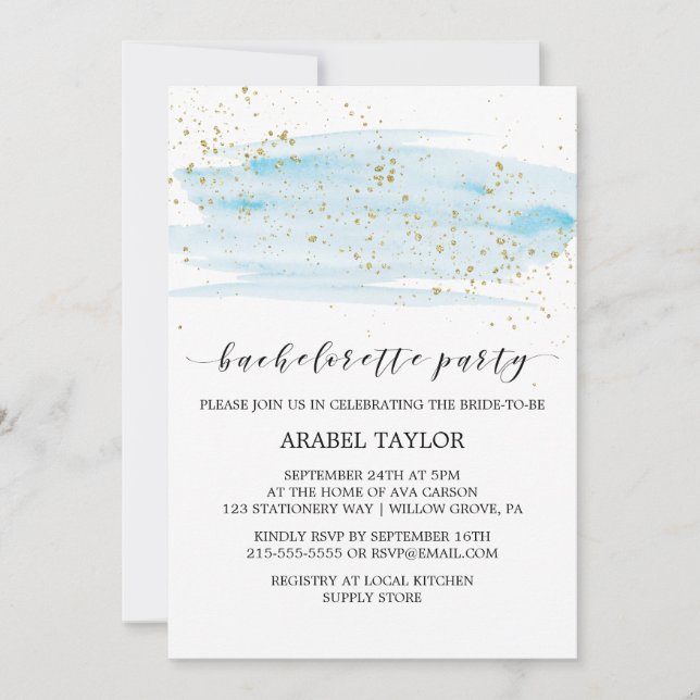 Convite Azul-aquarela e Festa de solteira Dourada (Frente)