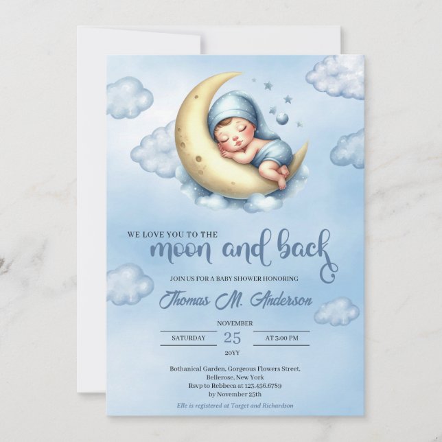 Convite Azul-aquarela e lua amarela e cauda (Frente)