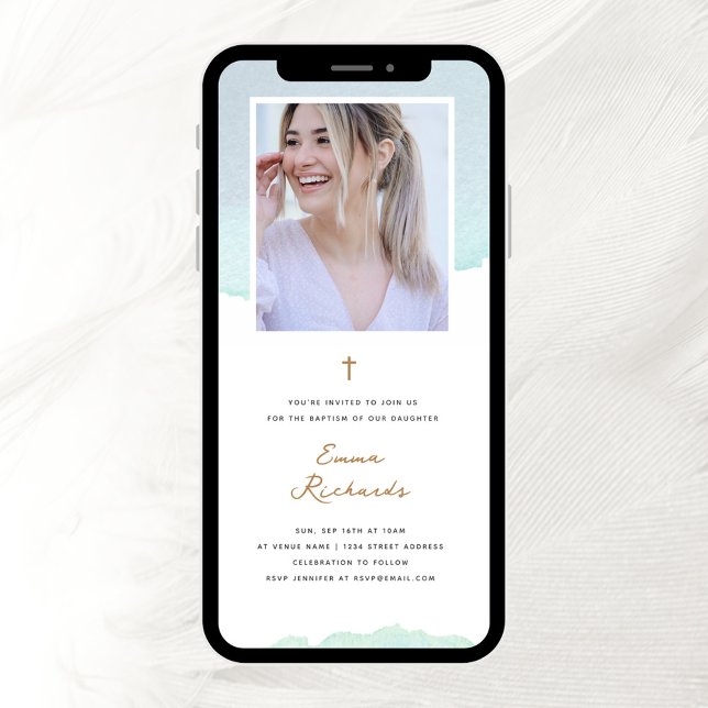 Convite Azul-aquarela Elegante e batismo fotográfico (Criador carregado)
