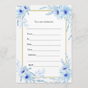 Convite Azul Aquarela Floral Dourado para Preenche
