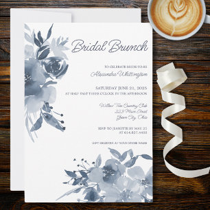 Convite Azul-aquarela Floral em Chá de panela Branco