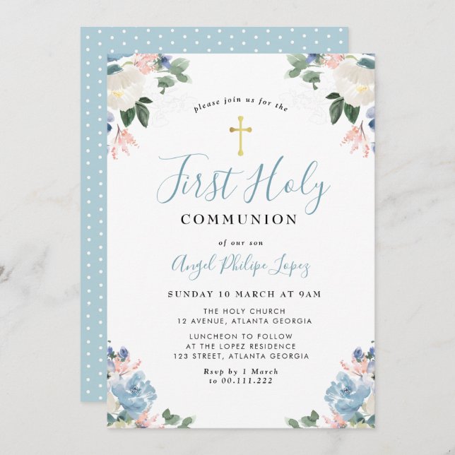 Convite azul aquarela floral primeira comunhão sagrada (Frente/Verso)