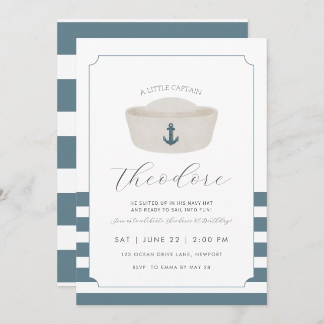 Convite Azul-aquarelas Blue Marine Hat Primeiro Aniversári (Frente/Verso)
