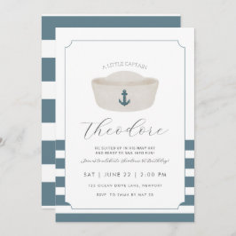 Convite Azul-aquarelas Blue Marine Hat Primeiro Aniversári