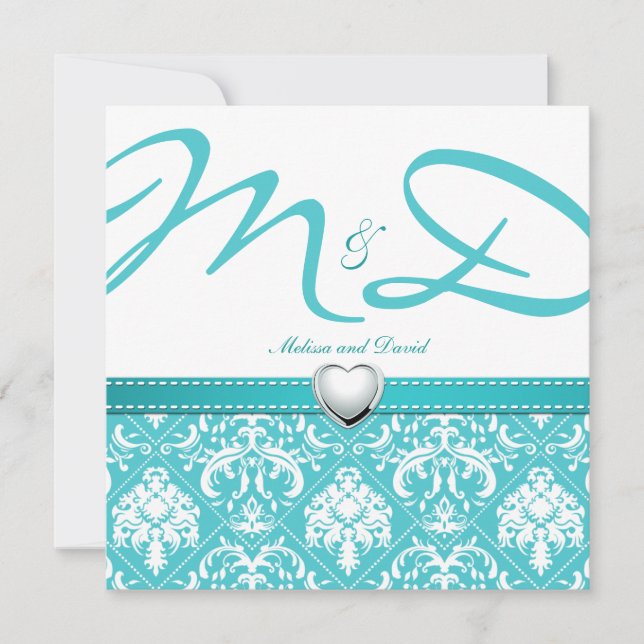 Convite Azul-aquático com monograma personalizado (Frente)