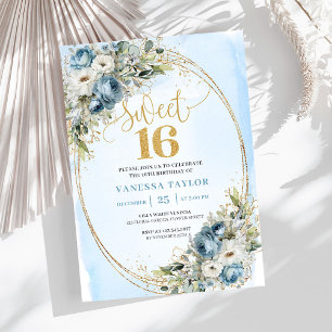 Convite Azul Atemporal e Branco Floral Sweet Sixteen