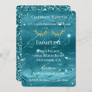 Convite Azul-azul-aqua Glitzy Dourado Glitter Eyelashes