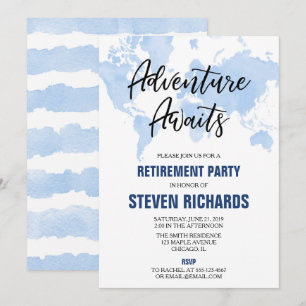 Convite Azul-azul-aquarela para viajantes do mapa mundial