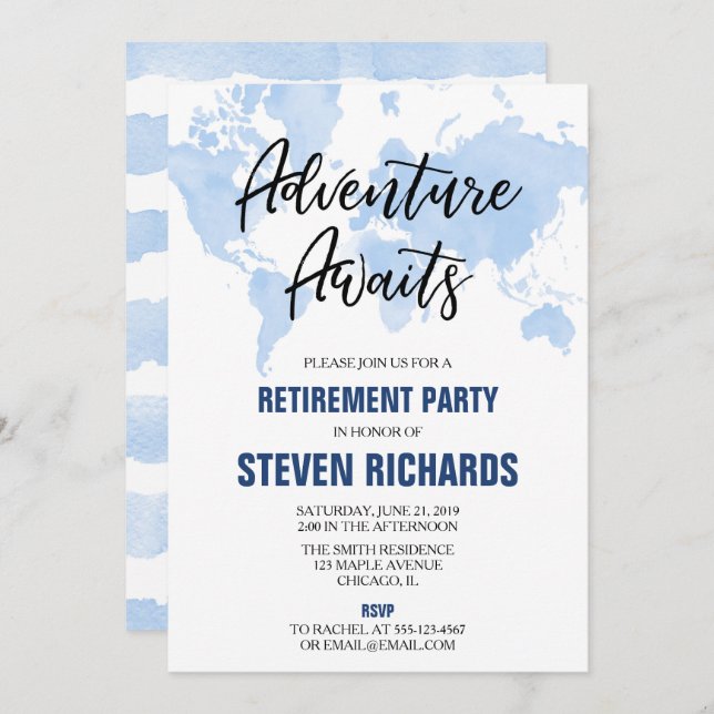 Convite Azul-azul-aquática de aposentadoria de viajantes d (Frente/Verso)