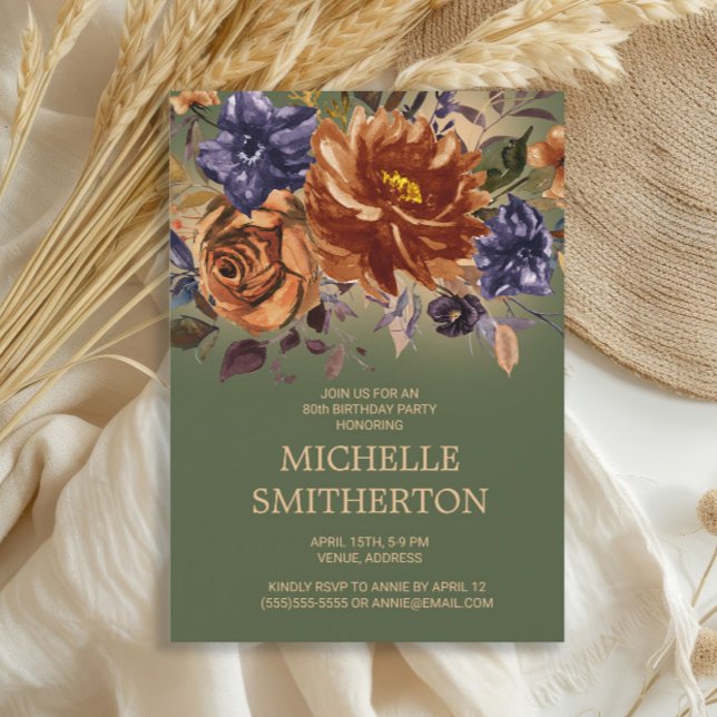 Convite Azul Azul Azul Azul Floral 90 Nascimento Invita (Rust floral on olive green 80th birthday party invitation)