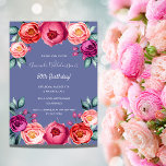 Convite Azul, azul, pincel, florais cor-de-rosa elegante<br><div class="desc">Um cartão de convite elegante para uma festa de aniversário 50ª (ou qualquer idade). Com flores rosadas,  roxas e rosa douradas,  cor-de-água,  florais como decoração. Um fundo azul de tendência. O nome é escrito com um script de estilo manuscrito.</div>