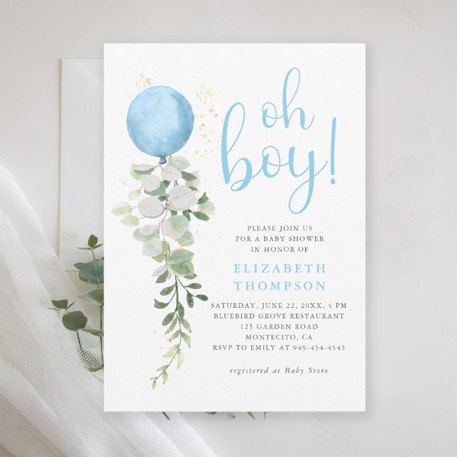 Convite Azul Balão Eucalyptus Foliage Oh Chá de fraldas (oh boy baby shower invitation blue balloon eucalyptus greenery watercolor blue calligraphy elegant)