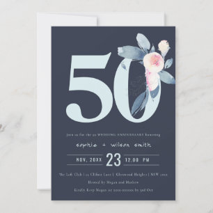 CONVITE AZUL BEGE MARINHA FLORAL 50 ANOS DE ANIVERSÁRIO DE