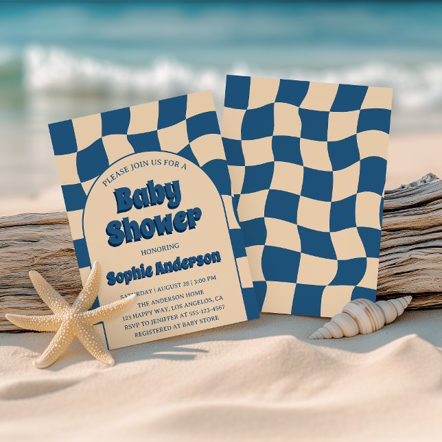 Convite Azul Boho Padrão Ondulado Retrô Chá de Bebê Modern (Criador carregado)