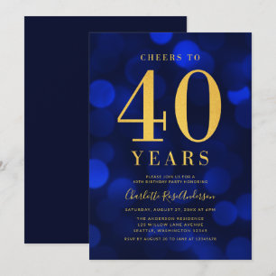 Convite Azul Bokeh Dourado Saúde a 40 anos de Festa de ani
