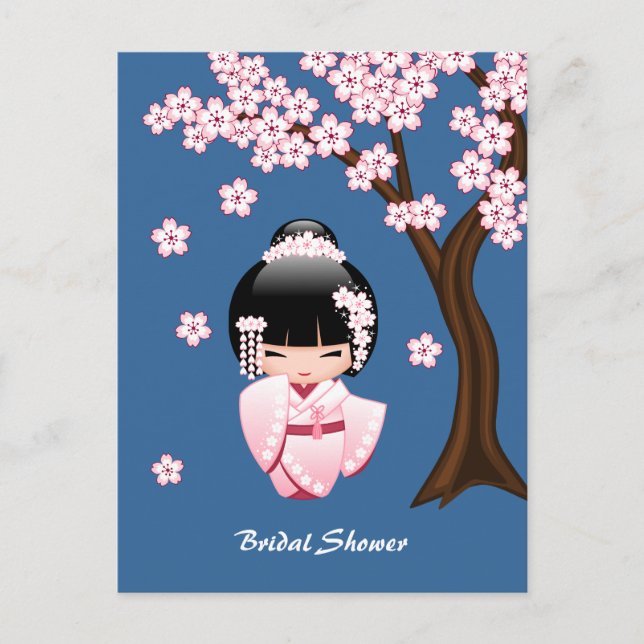 Convite Azul Boneca Kokeshi Quimono Rosa Kawaii (Frente)