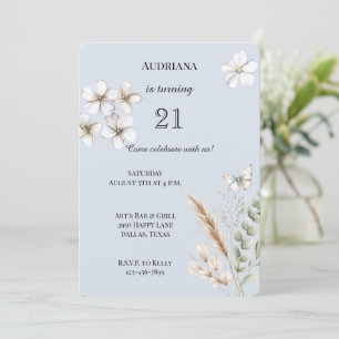 Convite Azul bonito Borboleta Branca Floral Aniversário