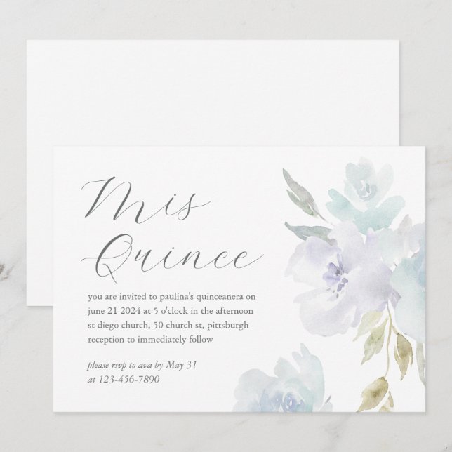 Convite Azul bonito Floral 15 Anos Aniversário Quinceañera (Frente/Verso)