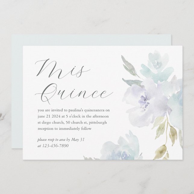 Convite Azul bonito Floral 15 Anos Aniversário Quinceañera (Frente/Verso)