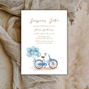 Convite Azul Bonjour Bébé Balão Bicicleta Chá de Bebê