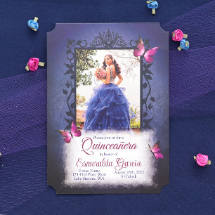 Convite Azul, Borboletas Rosa Berry Quinceanera