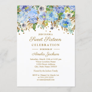 Convite Azul Botânico Dourado Floral Doce Aniversário de D