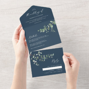 Convite azul botânico Eucalyptus de casamento + rs