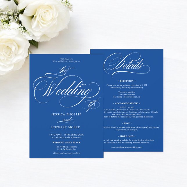 Convite Azul branco-chic tudo em um casamento de caligrafi (Chic white blue all in one calligraphy wedding invitation)