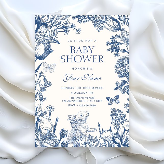 Convite Azul branco Chuveiro de bebê floral botânico vinta (Criador carregado)