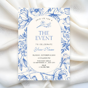 Convite Azul branco Clássico floral artístico