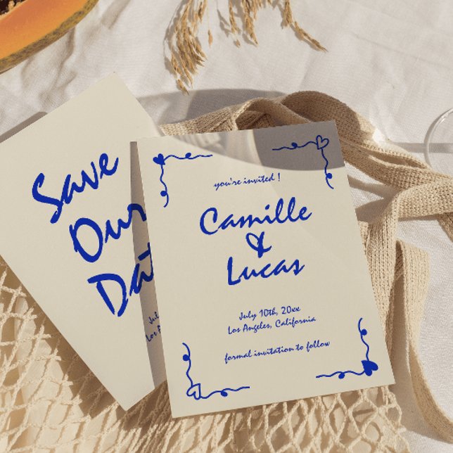 Convite Azul branco com manuscrito retroativo Salve as dat (Criador carregado)