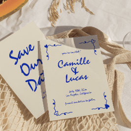Convite Azul branco com manuscrito retroativo Salve as dat