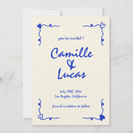 Convite Azul branco com manuscrito retroativo Salve as dat