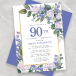 Convite Azul branco Dourado 90 Floral Aniversário<br><div class="desc">Honra uma mulher especial com este Convite de aniversário elegante e feminina. 90 é escrito em texto azul grande. A comemoração de aniversário segue. O nome do convidado também está em letras azuis. O resto do texto é cinza de pomba mole. Os detalhes da comemoração de aniversário são cercados por...</div>