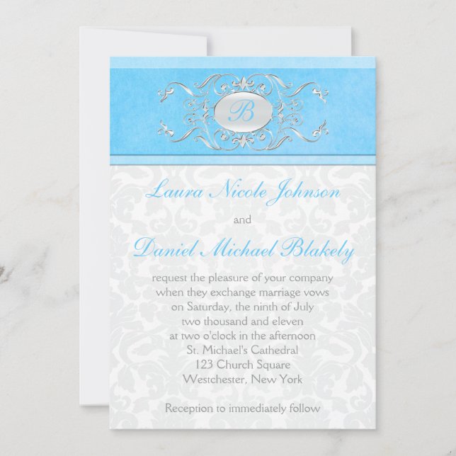 Convite Azul, Branco e Cinza Damask Monogramado (Frente)