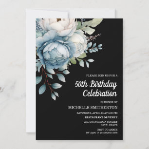 Convite Azul Branco Floral Preto Aniversário de 50 anos de