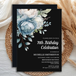 Convite Azul Branco Floral Preto Aniversário de 70 anos de