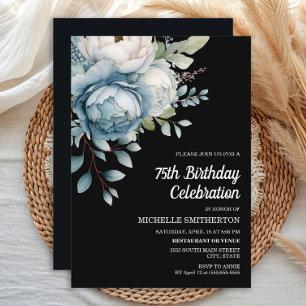 Convite Azul Branco Floral Preto Aniversário de 75 anos de