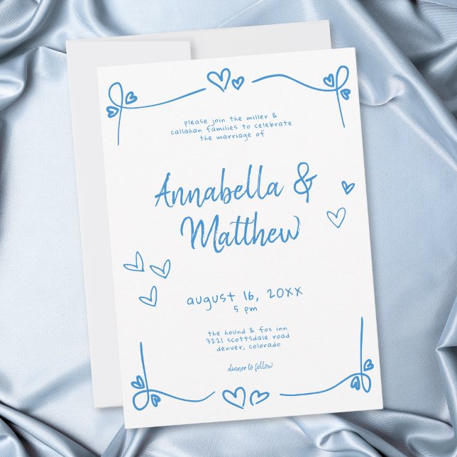 Convite Azul Branco Mão Desenhada Coração Casamento Capric (Blue White Hand Drawn Heart Whimsical Wedding Invitation)
