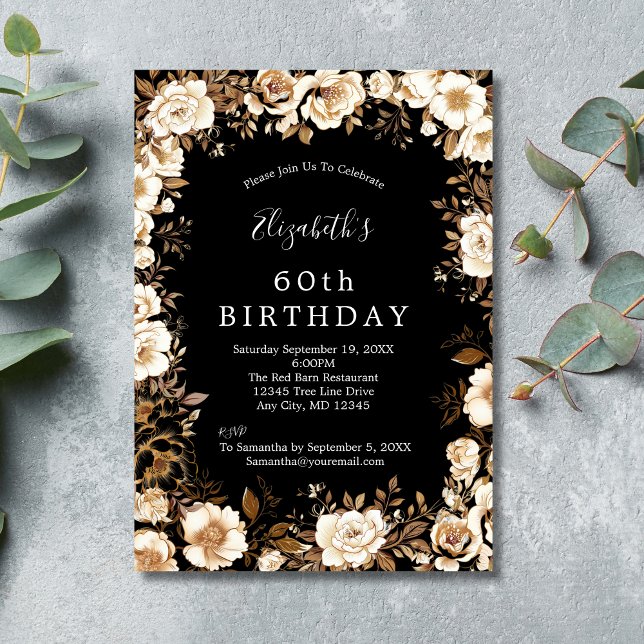 Convite Azul branco-preto Dourado 60º 80 de 70 (Black White Gold Floral Watercolor 60th 70th 80th Women's Birthday Invitation)