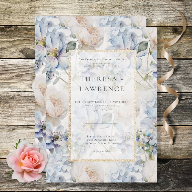 Convite Azul & Branco - Quadro Dourado Floral Branco (Criador carregado)