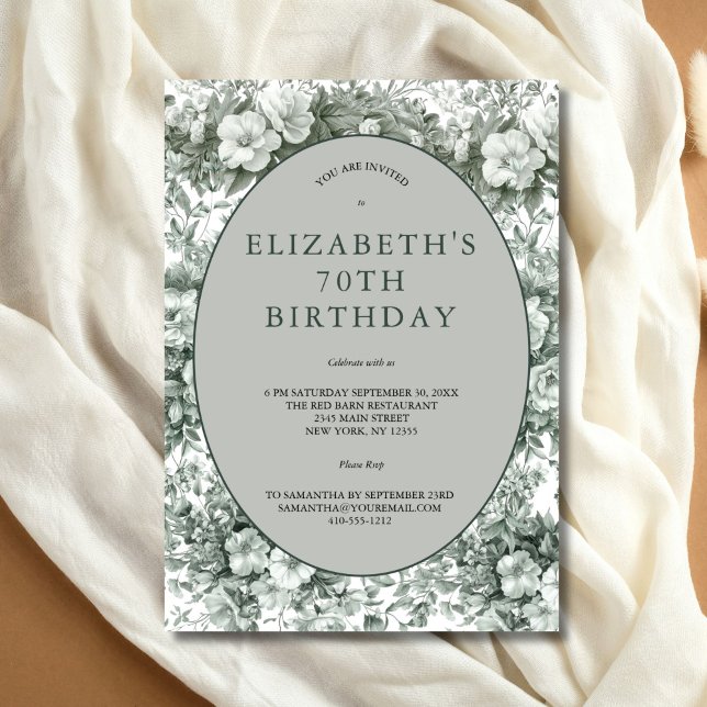 Convite Azul branco verde tornodorniz 70 Aniversário (Elegant Green Toile Floral 70th Birthday party invitation. Printed or Instant digital download)